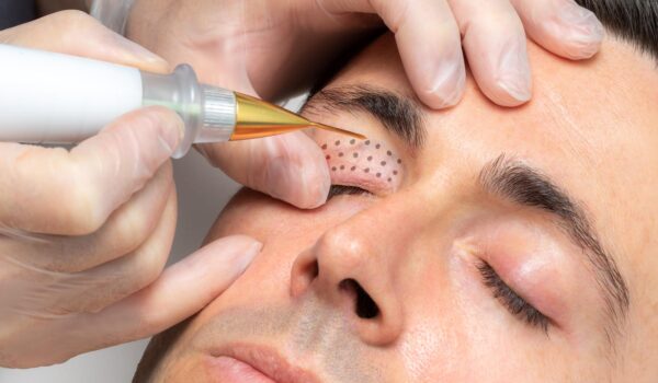 Close up macro detail of middle aged man having skin tightening on eyelids with laser plasma pen.